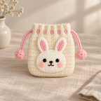 Crochet Bunny drawstring pouch in cream yarn with pink details