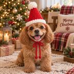 Dog wearing Santa crochet pet hat with red tie under the chin
