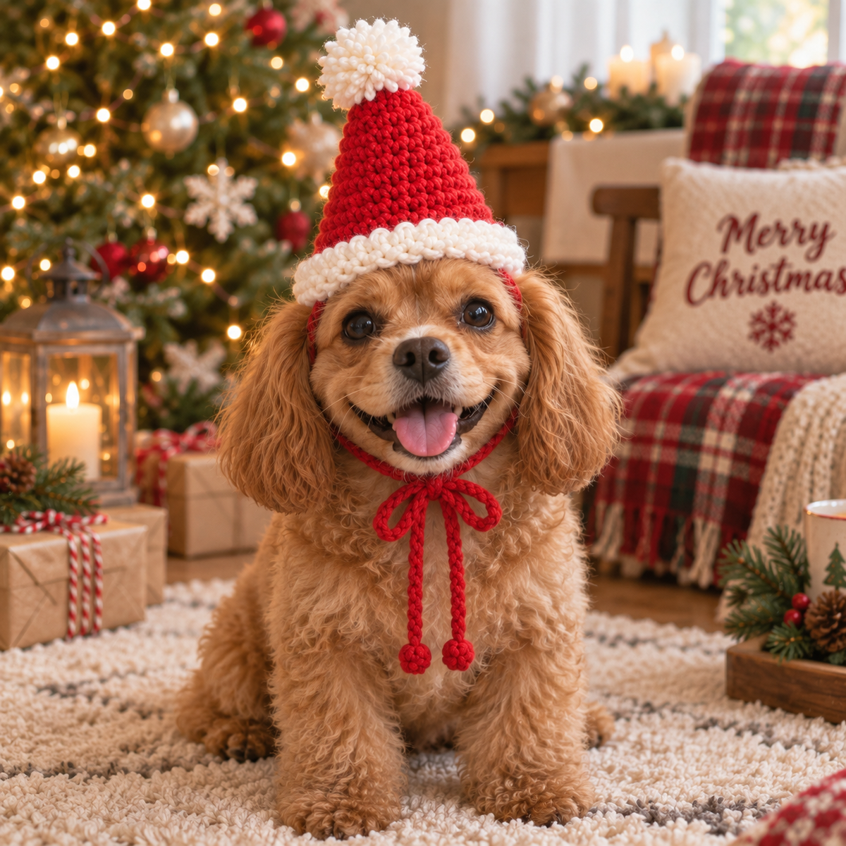 Dog wearing Santa crochet pet hat with red tie under the chin
