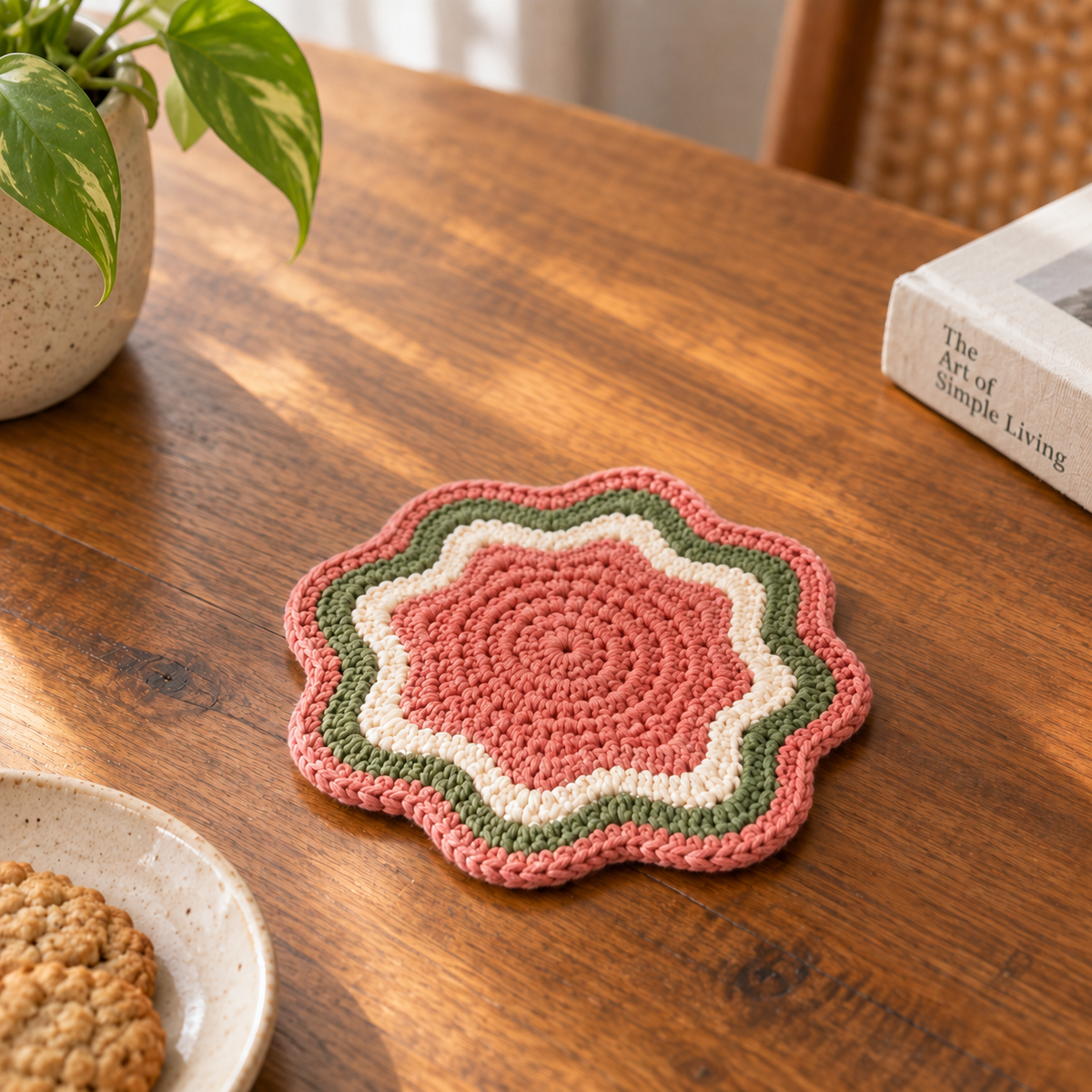 Wavy Candy crochet coaster in pink and cream scalloped shape on a wooden table