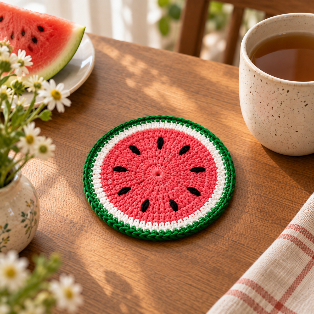 Watermelon crochet coaster displayed on a wooden table with soft natural light