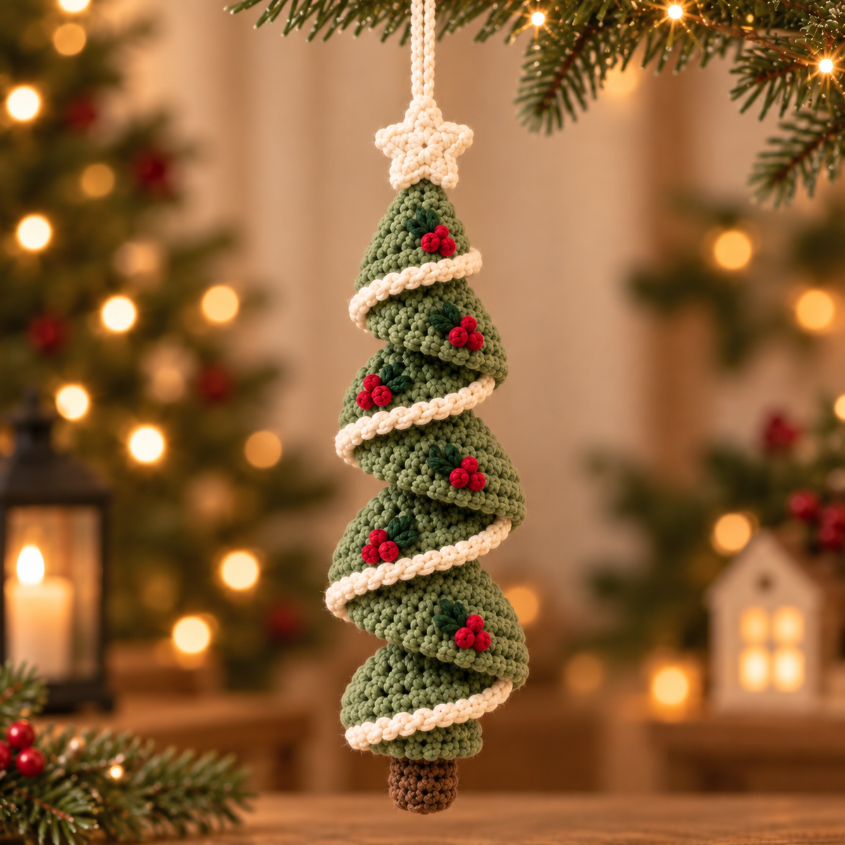 Sage Green crochet Christmas tree spiral ornament with festive red accents in a cozy holiday setting