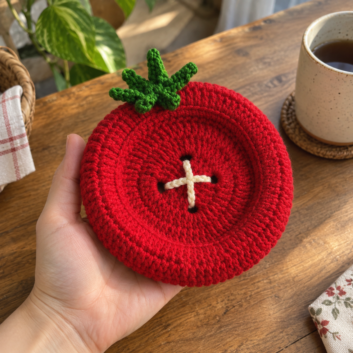 Red Tomato crochet coaster held by hand beside a coffee mug