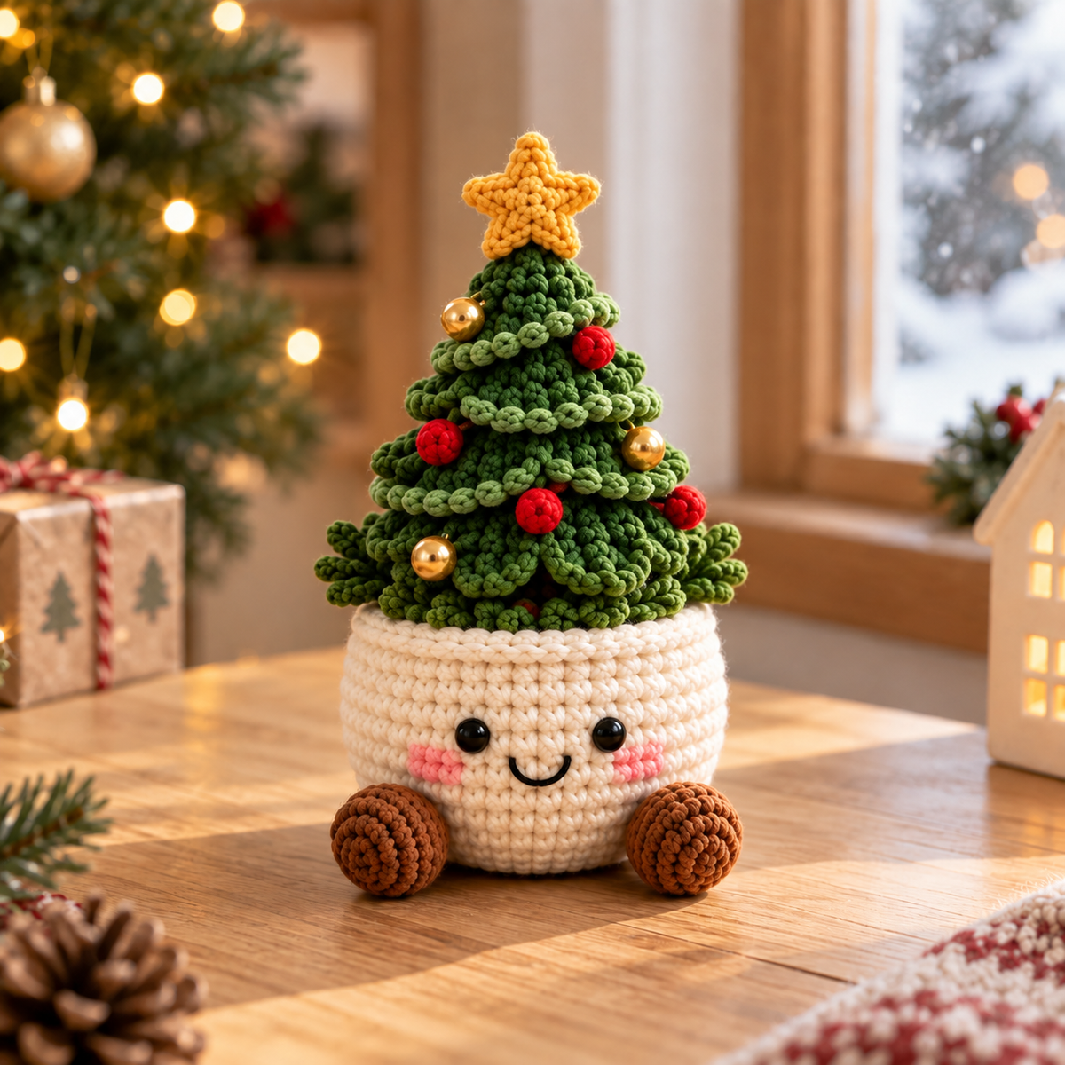 Christmas Tree crochet plant decor in a smiling cream pot on a wooden table