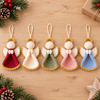 Flat lay of five crochet angel ornaments in Berry, Ivory, Sage, Blush, and Blue