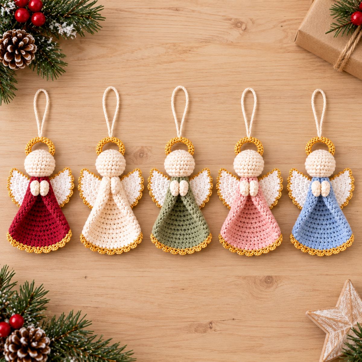 Flat lay of five crochet angel ornaments in Berry, Ivory, Sage, Blush, and Blue