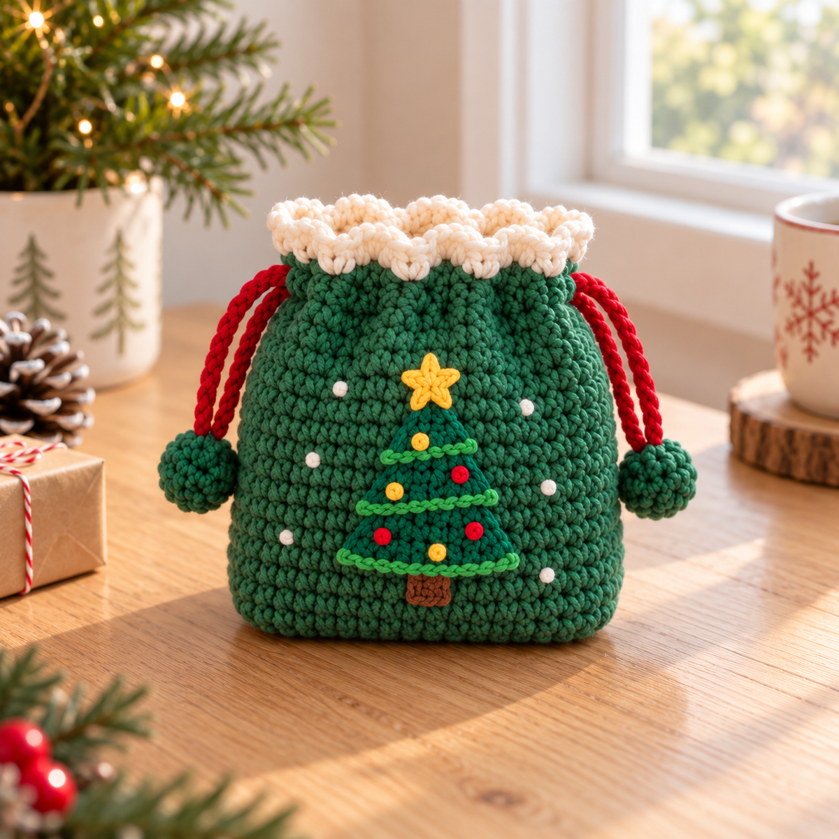 Christmas Tree crochet drawstring pouch in green with red cords and ornament details