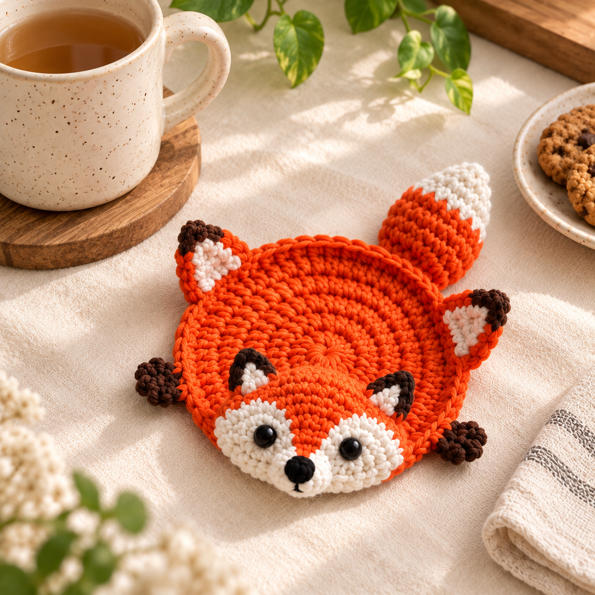 Orange fox crochet coaster with pointed ears and white face details