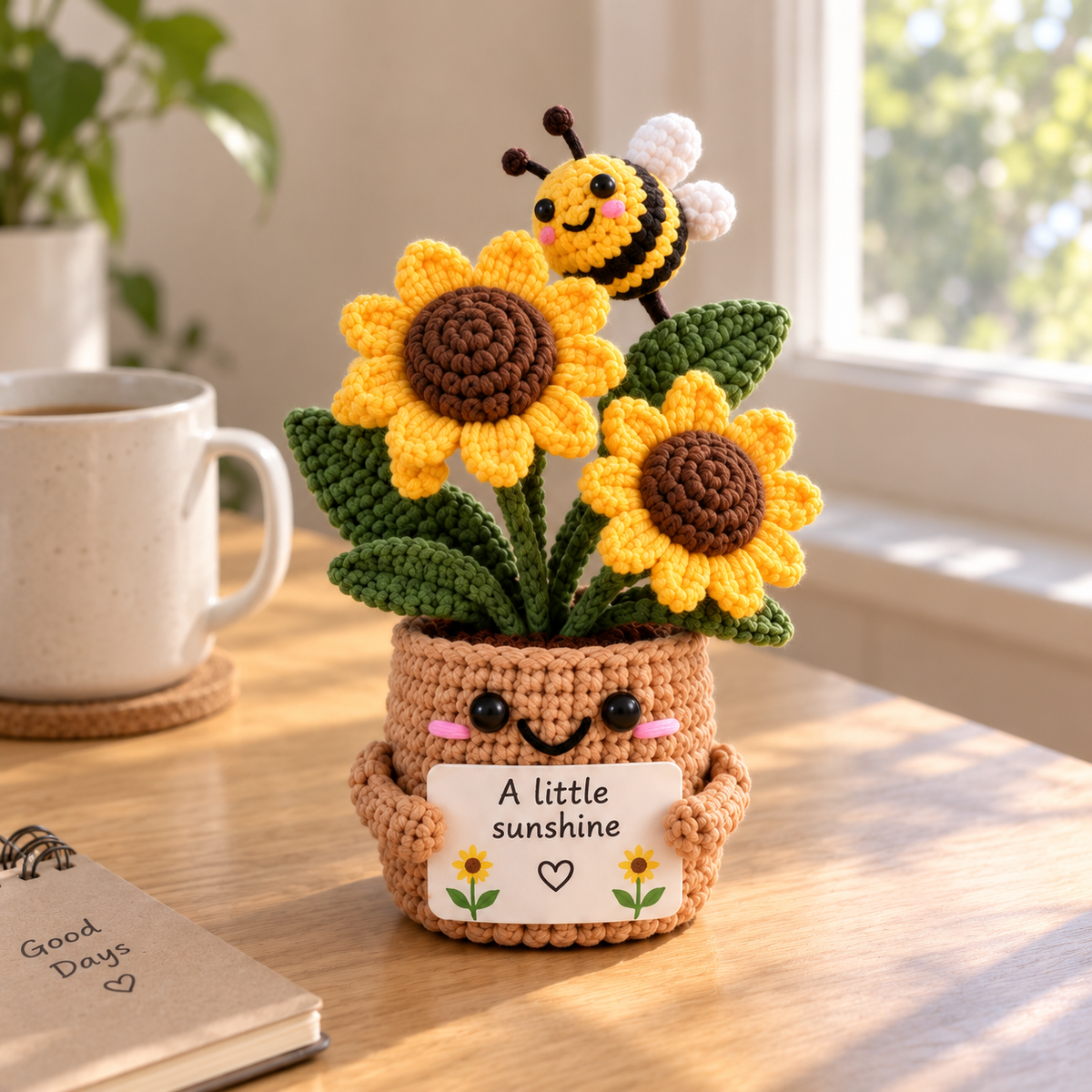 Sunflower crochet flower pot emotional support gift with bee detail and personalized message card
