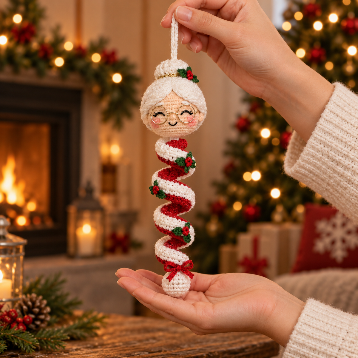 Mrs. Claus crochet spiral ornament held by hand for size reference