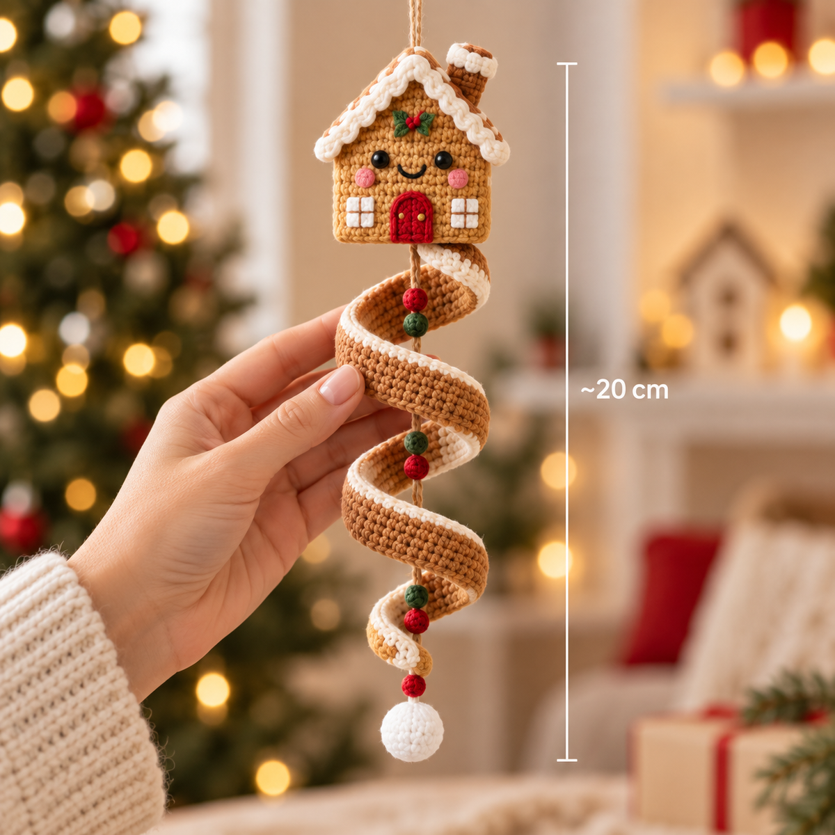 Gingerbread House crochet spiral ornament held by hand with 20cm size reference