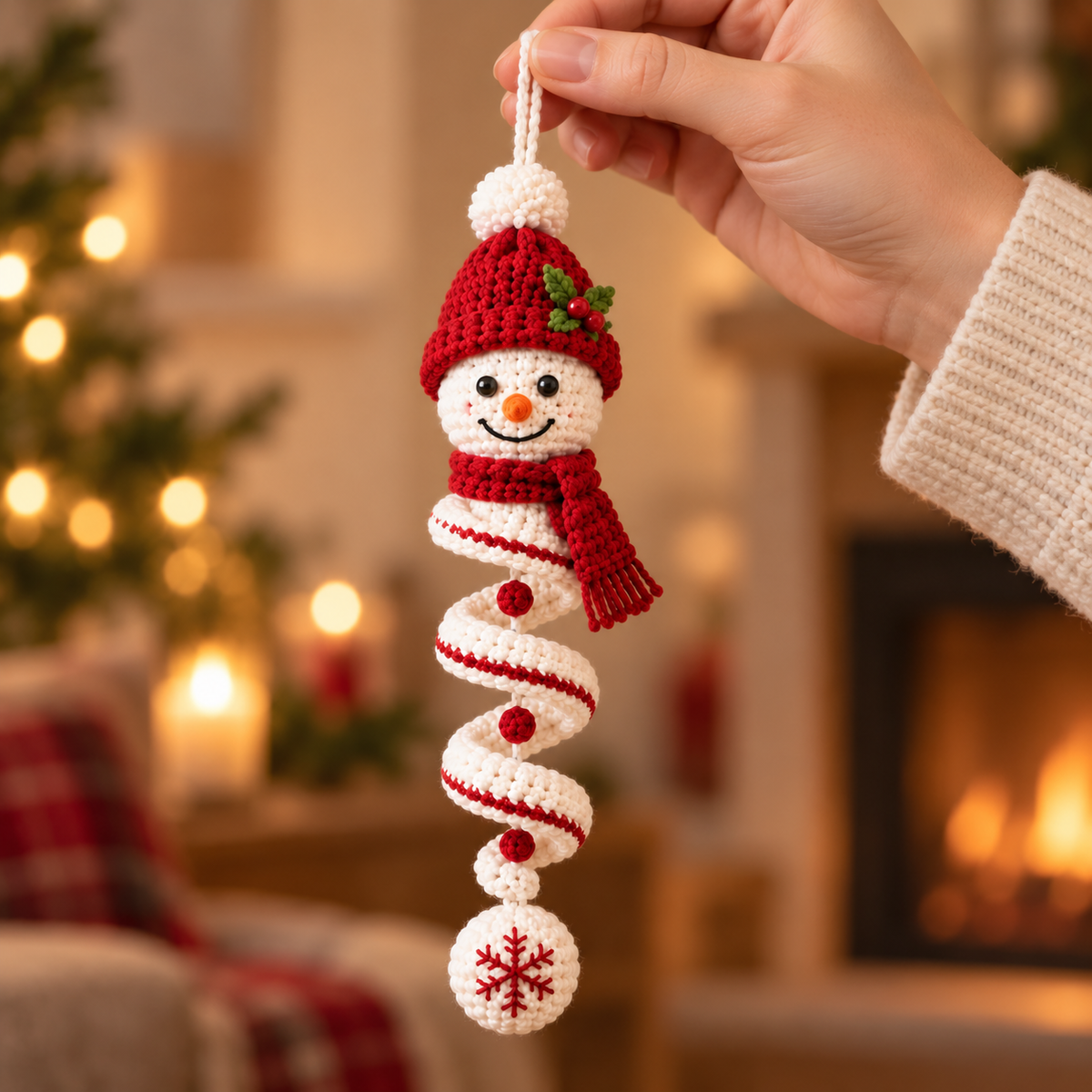 Holly Red Beanie crochet snowman spiral ornament held by hand for size reference