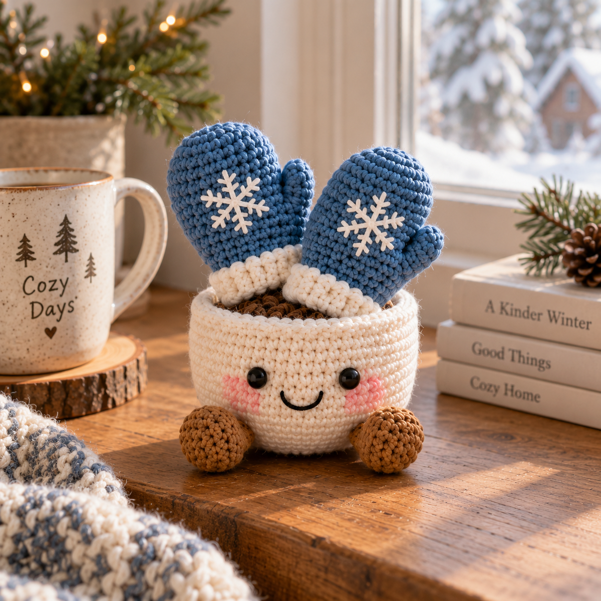 Mittens crochet winter decor with blue snowflake mittens in a smiling cream pot