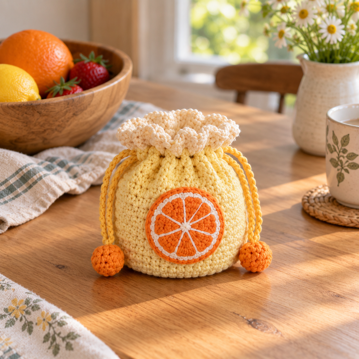 Orange crochet drawstring pouch in yellow with handmade orange slice detail