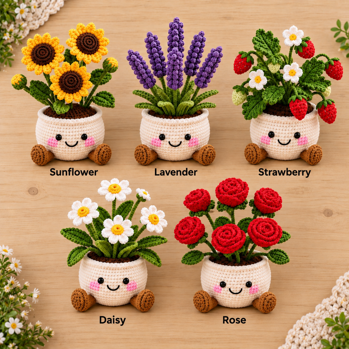 Crochet flower plant decor style chart showing Sunflower, Lavender, Strawberry, Daisy, and Rose variations