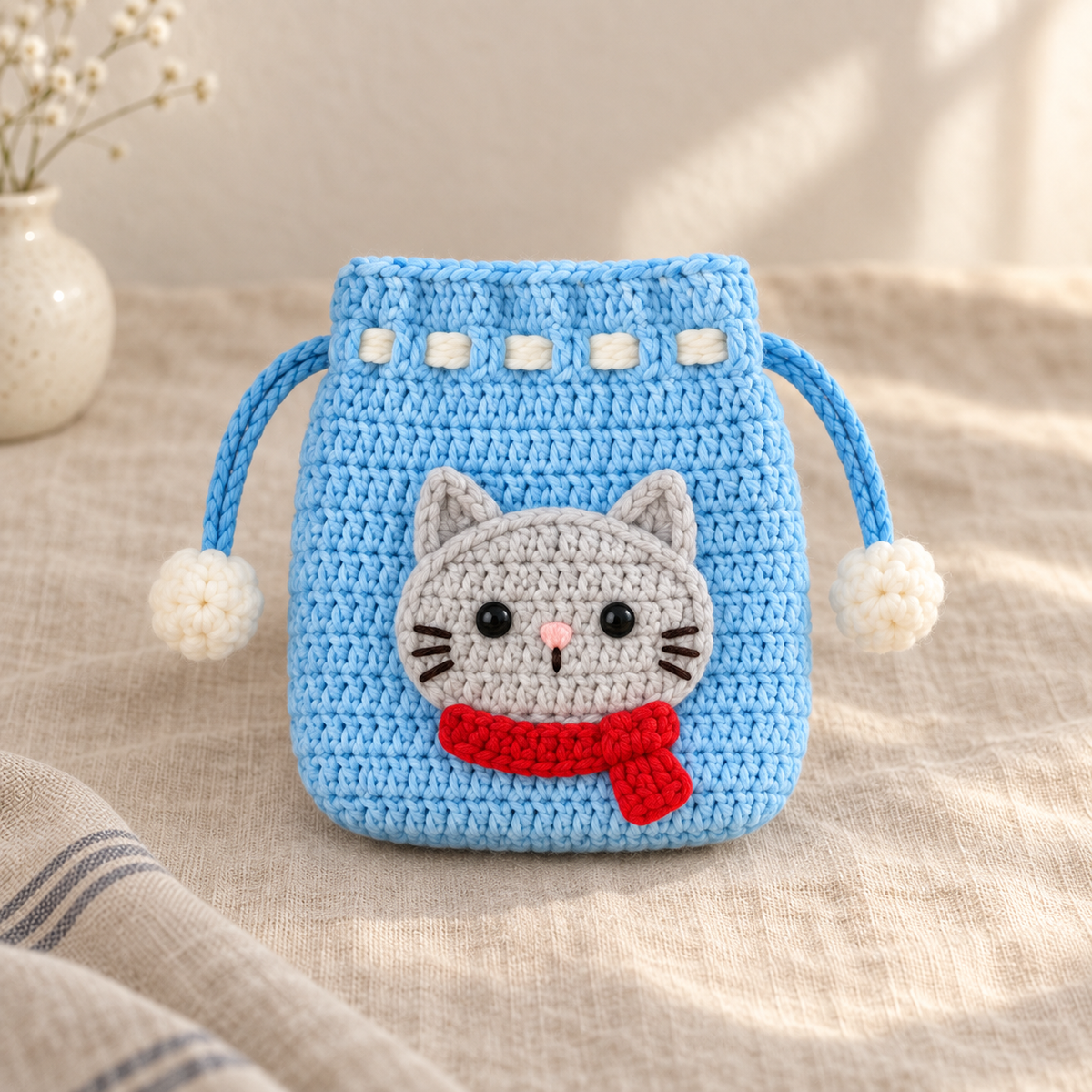 Crochet Cat drawstring pouch in blue yarn with a gray cat face and red scarf