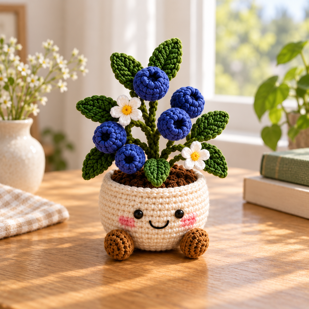 Blueberry crochet plant decor with blue berries, green leaves, and white flowers