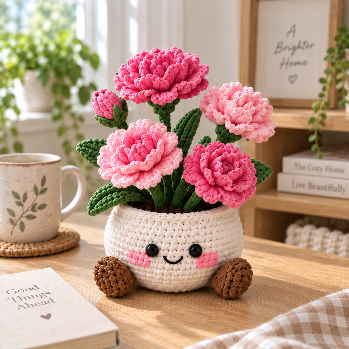 Carnation crochet flower pot decor with pink handmade blooms and green leaves