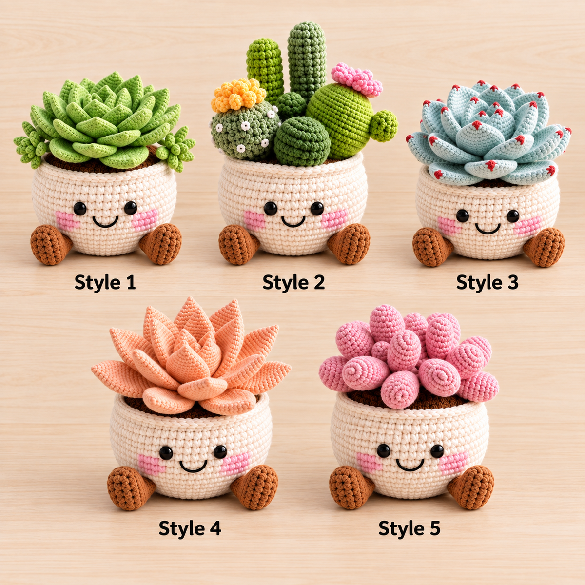 Five crochet succulent decor options labeled Style 1 through Style 5