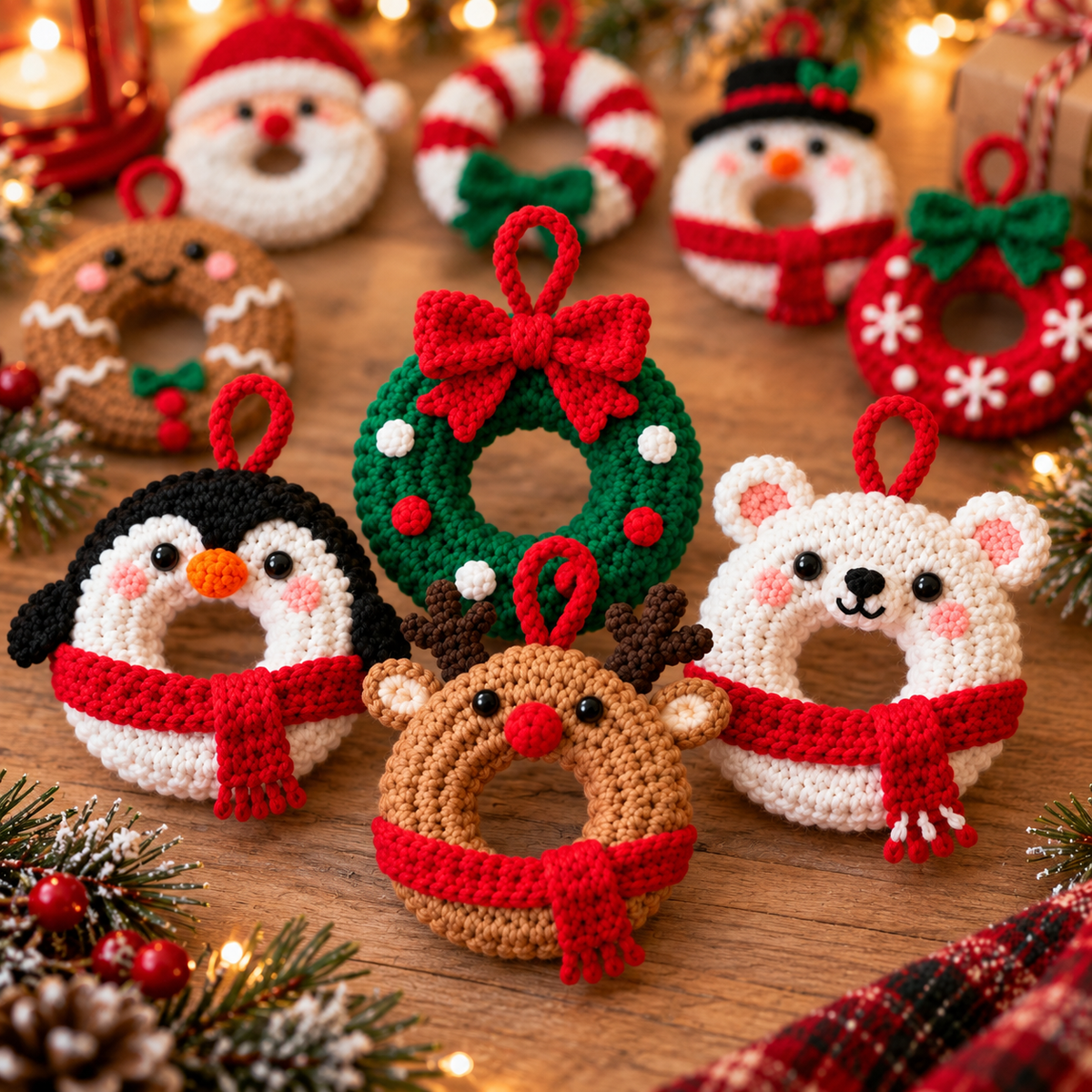 Close-up group of handmade crochet Christmas ornaments including Penguin, Wreath, Reindeer, and Polar Bear