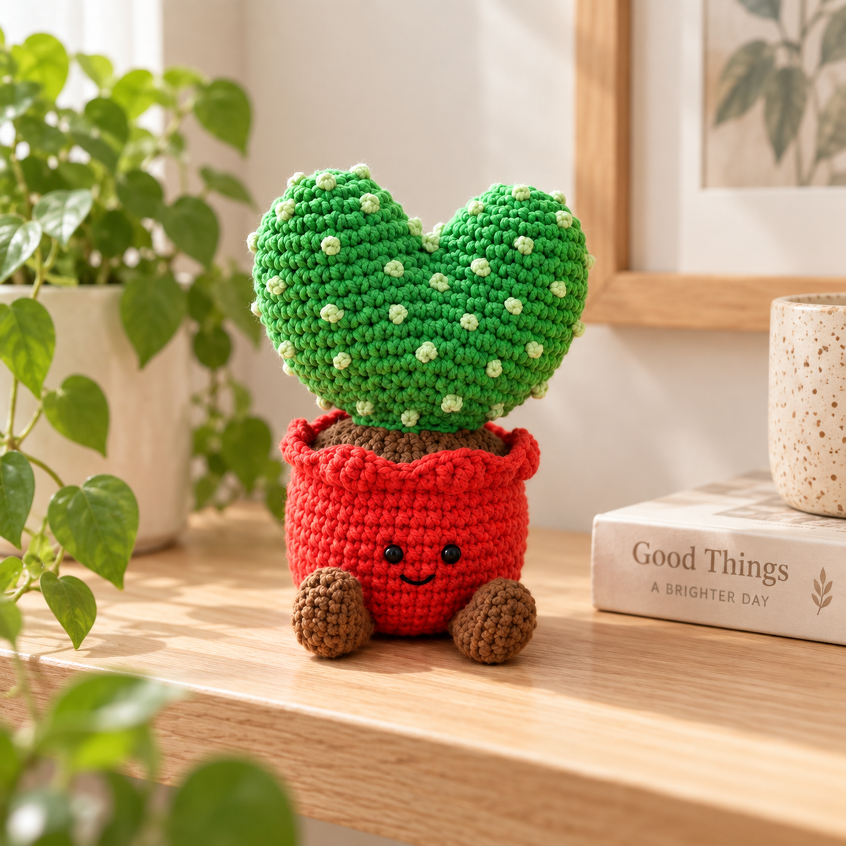 Style 1 crochet cactus decor with heart-shaped green cactus in a red pot