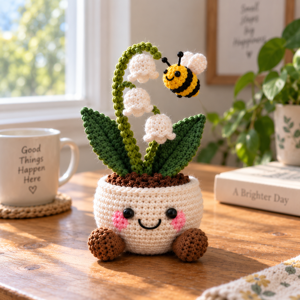 Style 2 crochet garden decor with white flowers, green leaves, and a small bee