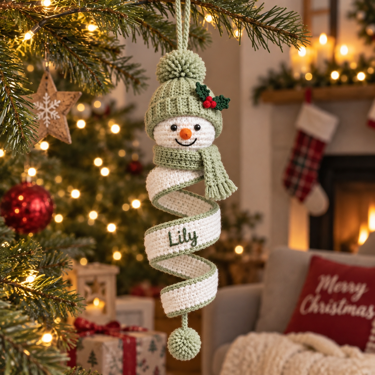 Sage personalized snowman crochet spiral ornament with the custom name Lily