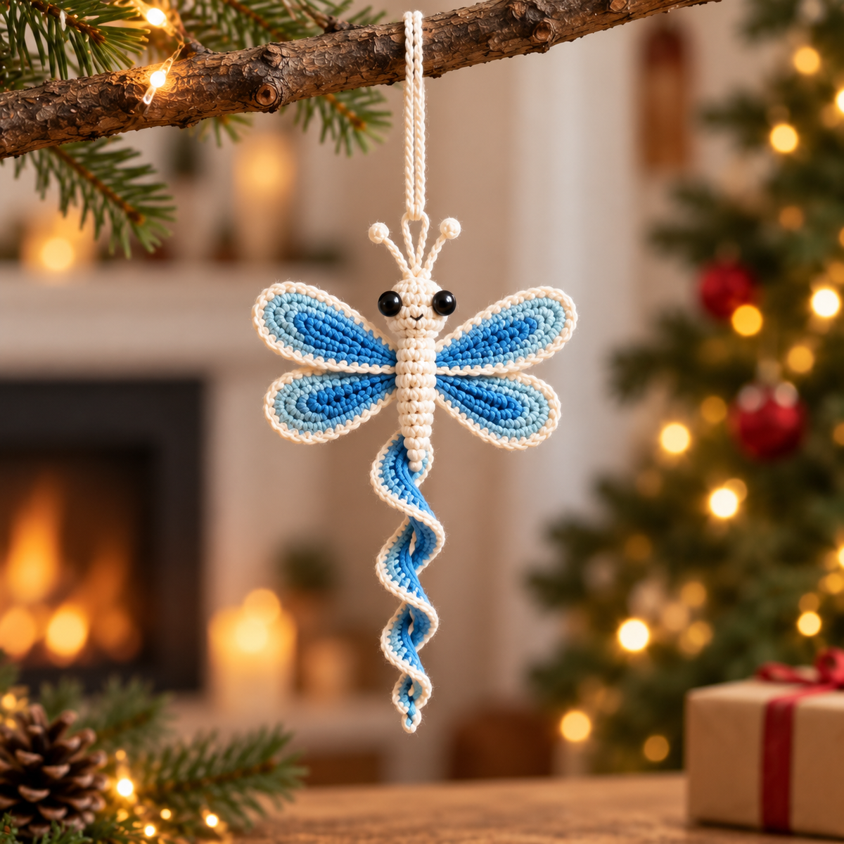 Blue Dragonfly crochet spiral ornament with blue wings and matching spiral tail