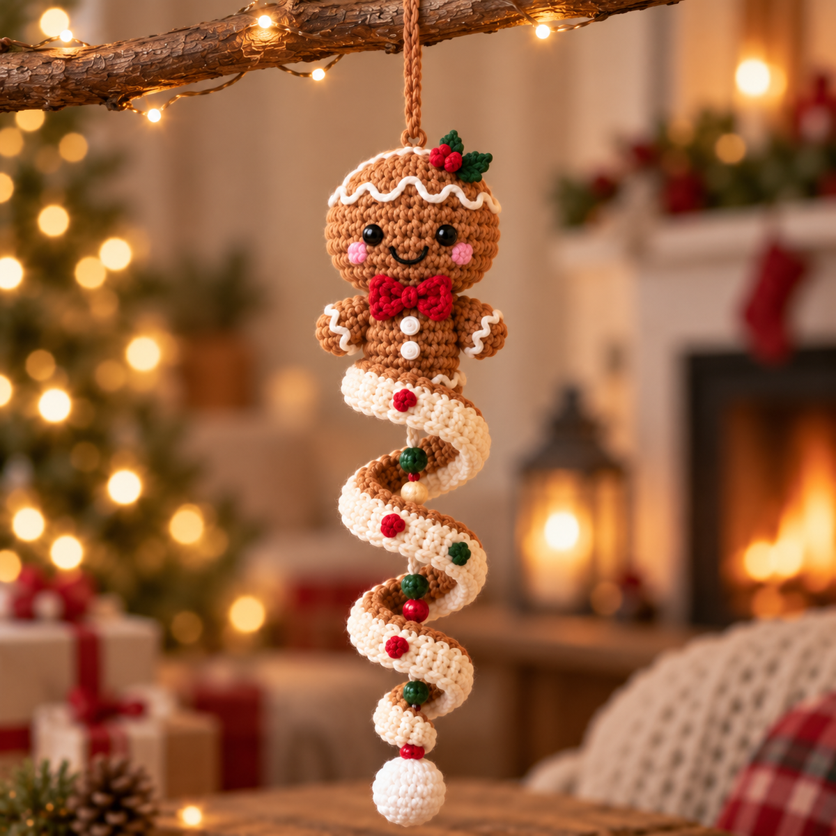 Gingerbread crochet spiral ornament with festive bow and candy-style details