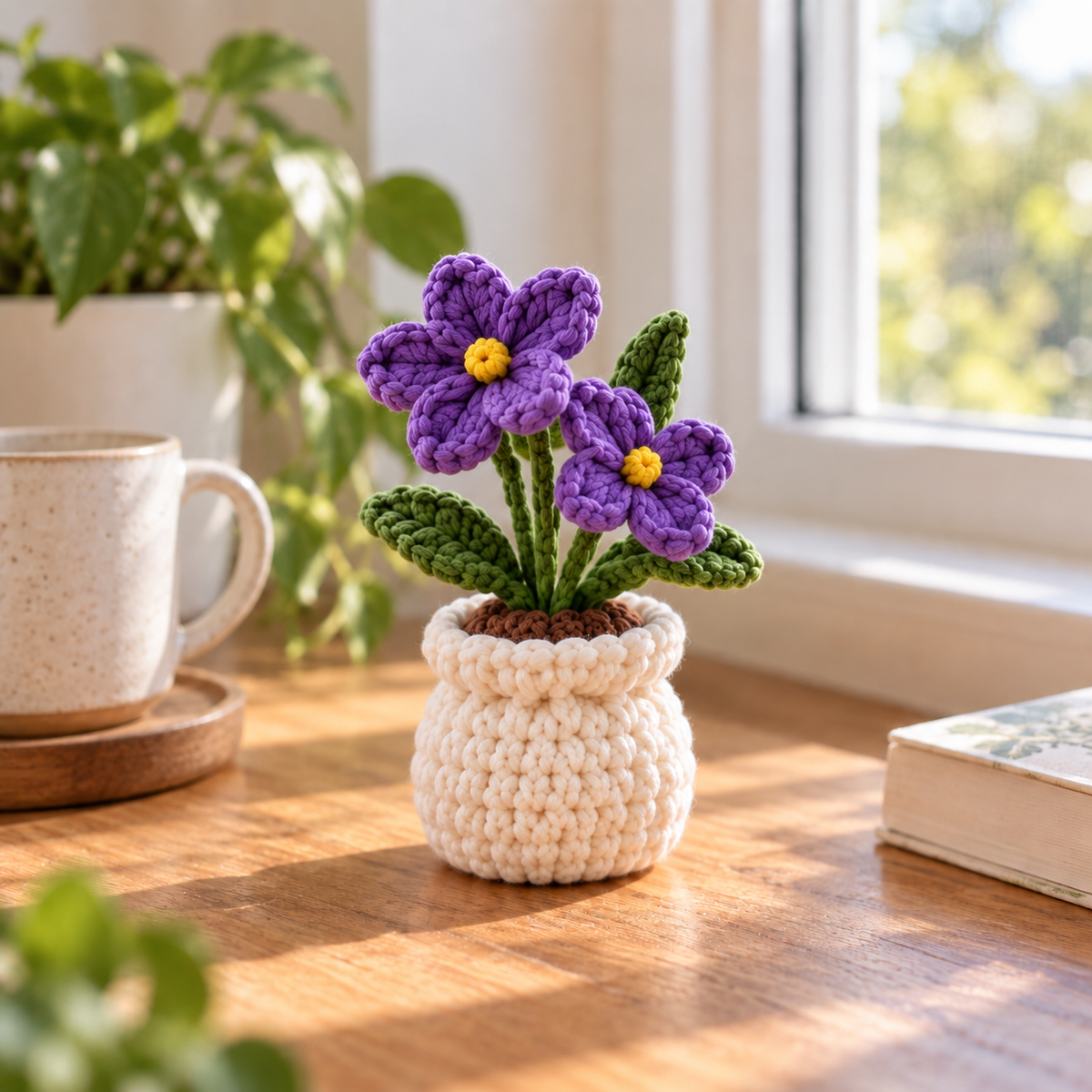 February Violet crochet birth month flower pot with purple handmade flowers
