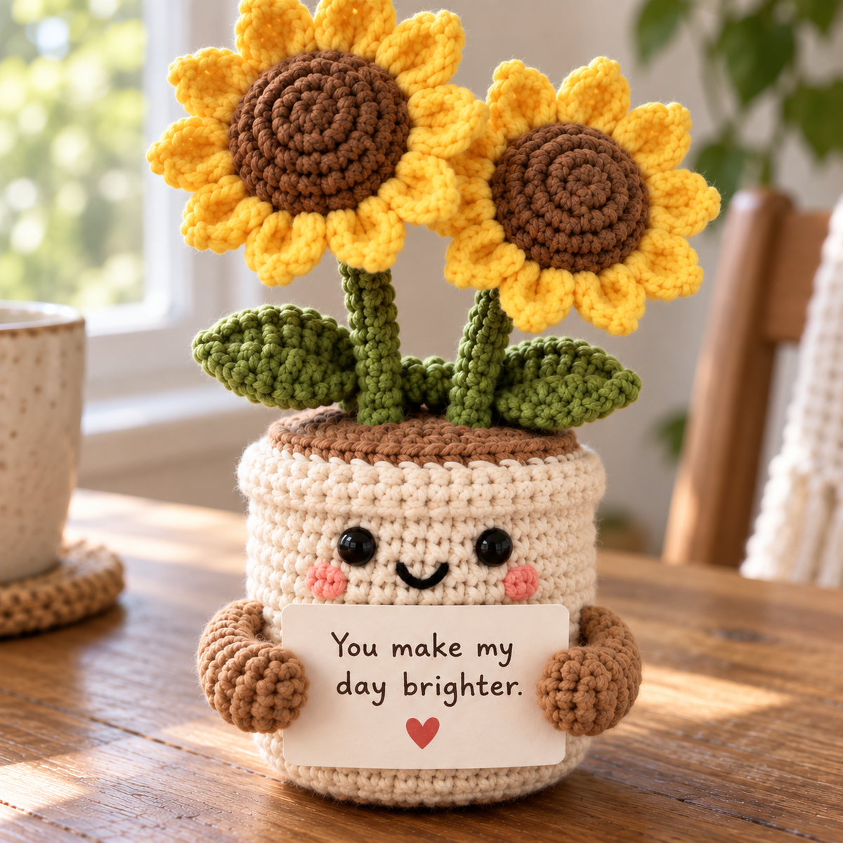 Front view of crochet sunflower emotional support flower pot with custom message card
