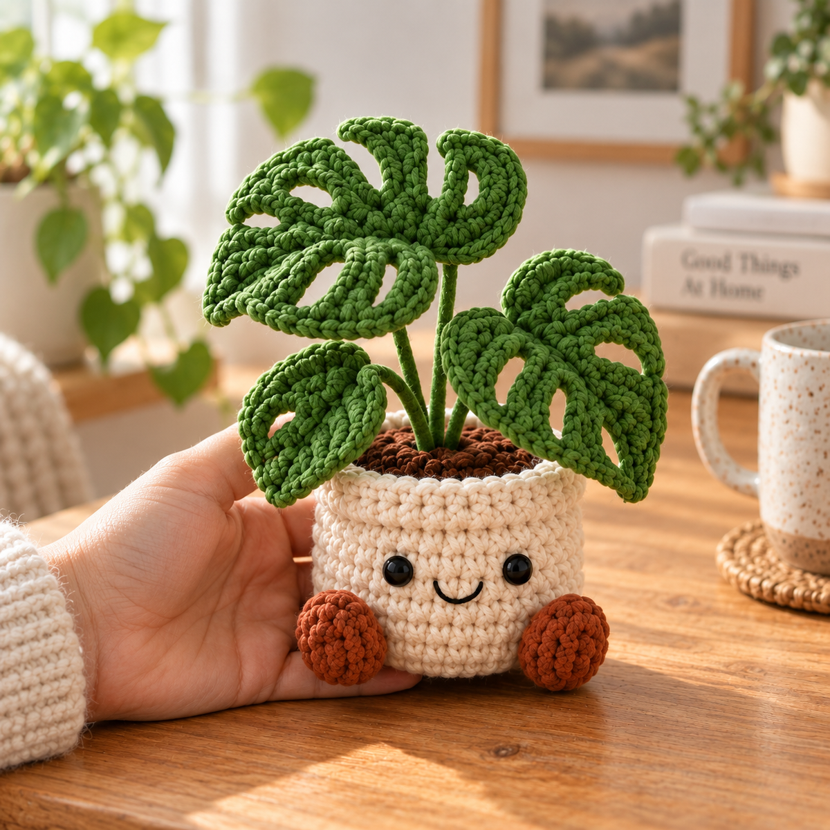 Monstera crochet plant decor with large green split leaves in a smiling cream pot