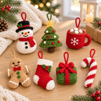 Seven mini crochet Christmas hanging ornaments arranged together on a table