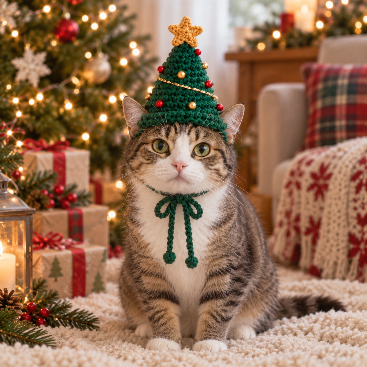 Cat wearing Christmas Tree crochet pet hat with green tie under the chin