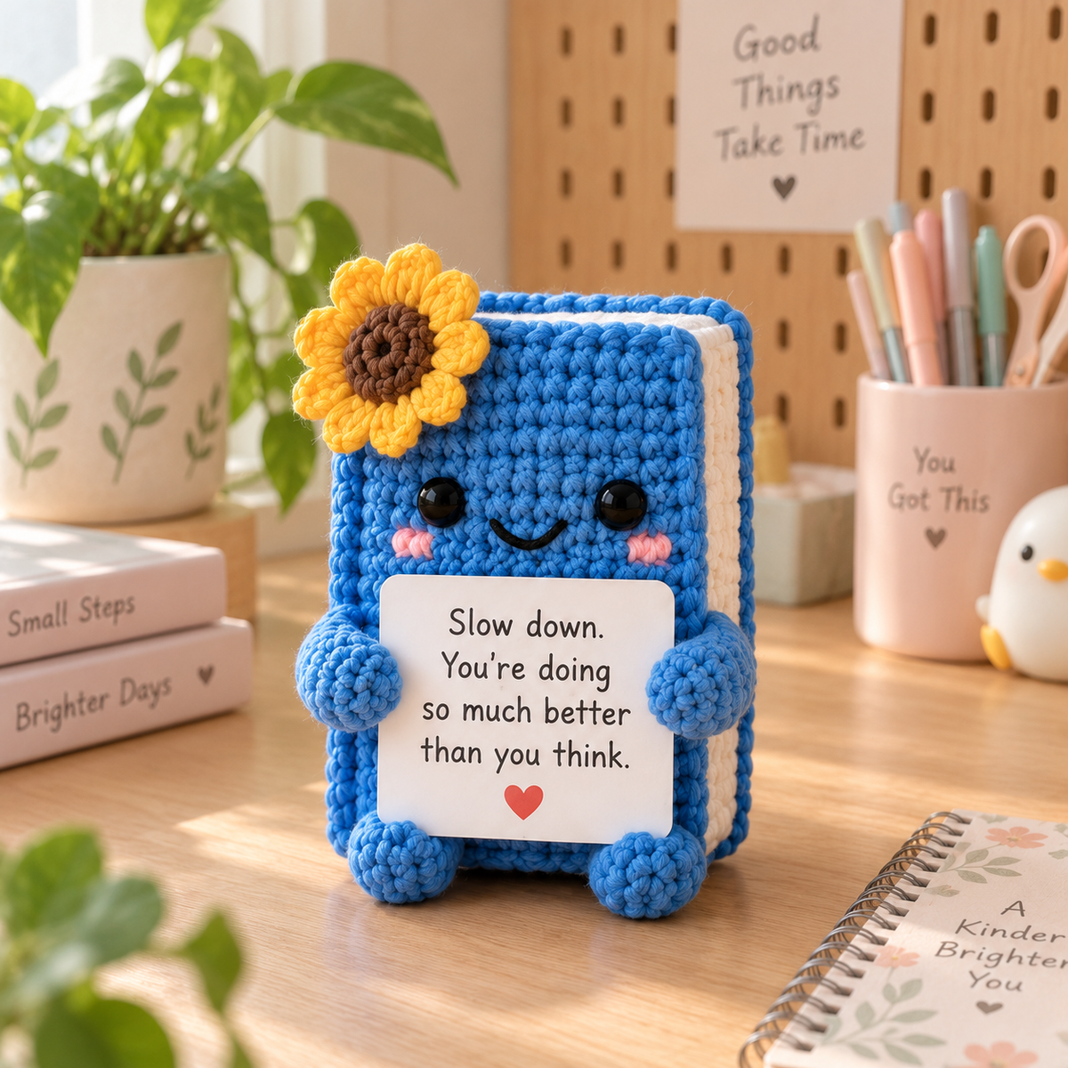 Book amigurumi emotional support character holding a custom message card