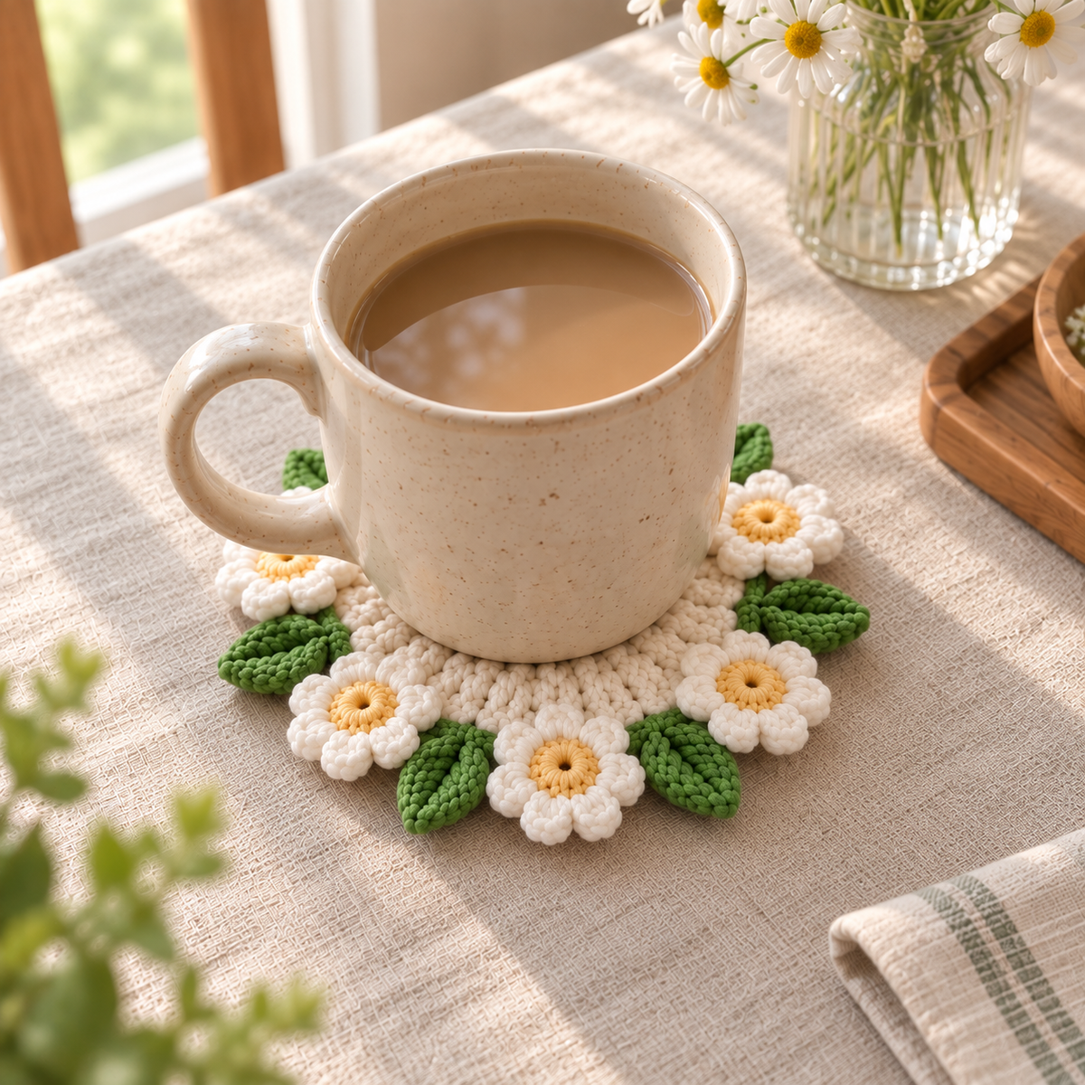 Handmade Daisy crochet coaster displayed under a mug