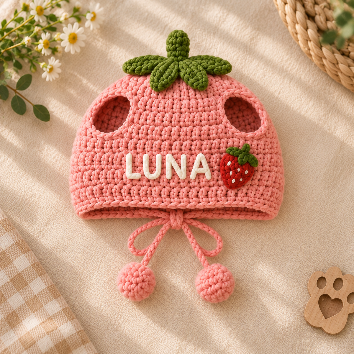 Custom Name Crochet Pet Hat – Bunny, Strawberry, Cow & Mushroom