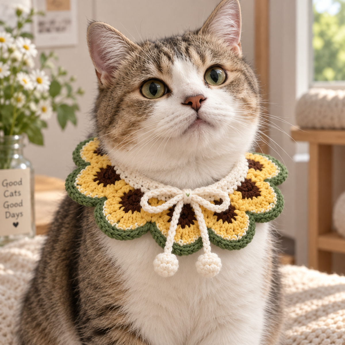 Cat wearing a handmade Sunflower crochet pet collar with yellow floral details