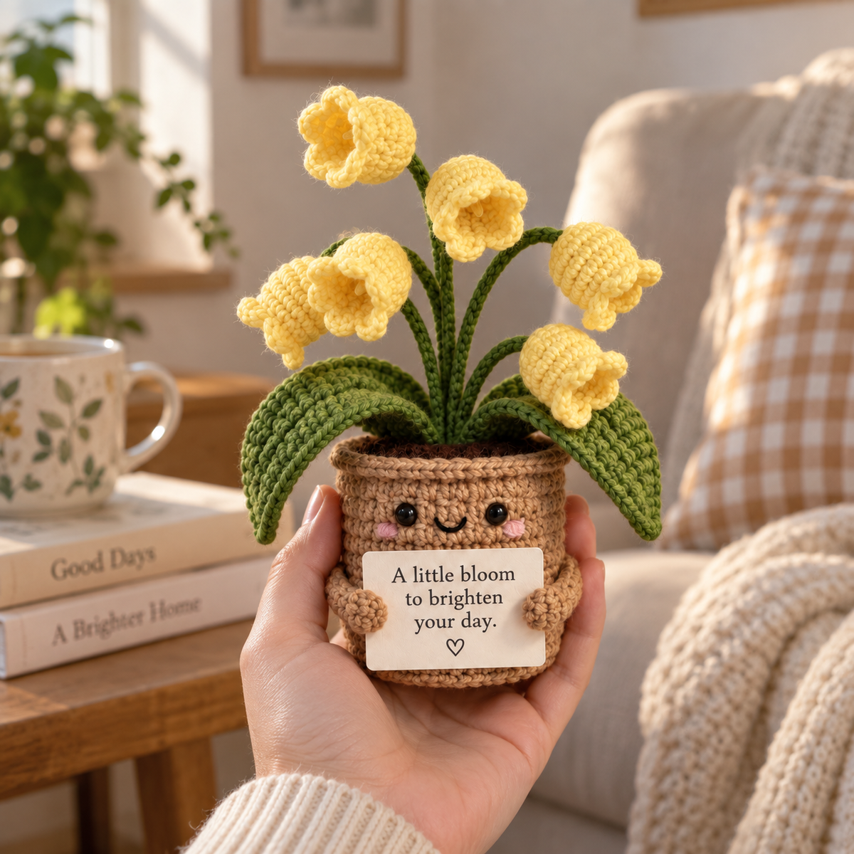 Butter Yellow crochet flower pot emotional support gift with custom message