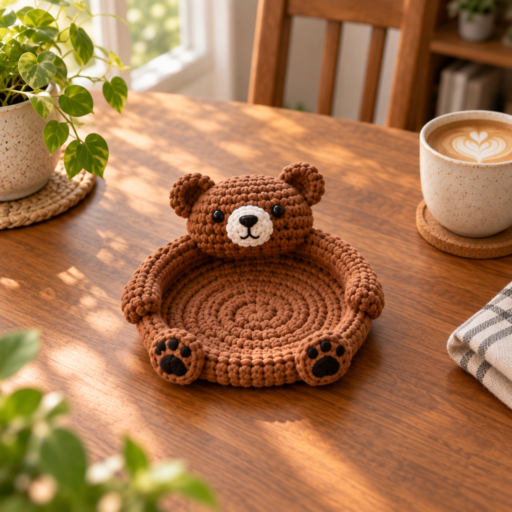 Bear crochet animal coaster in brown with rounded ears and paw details