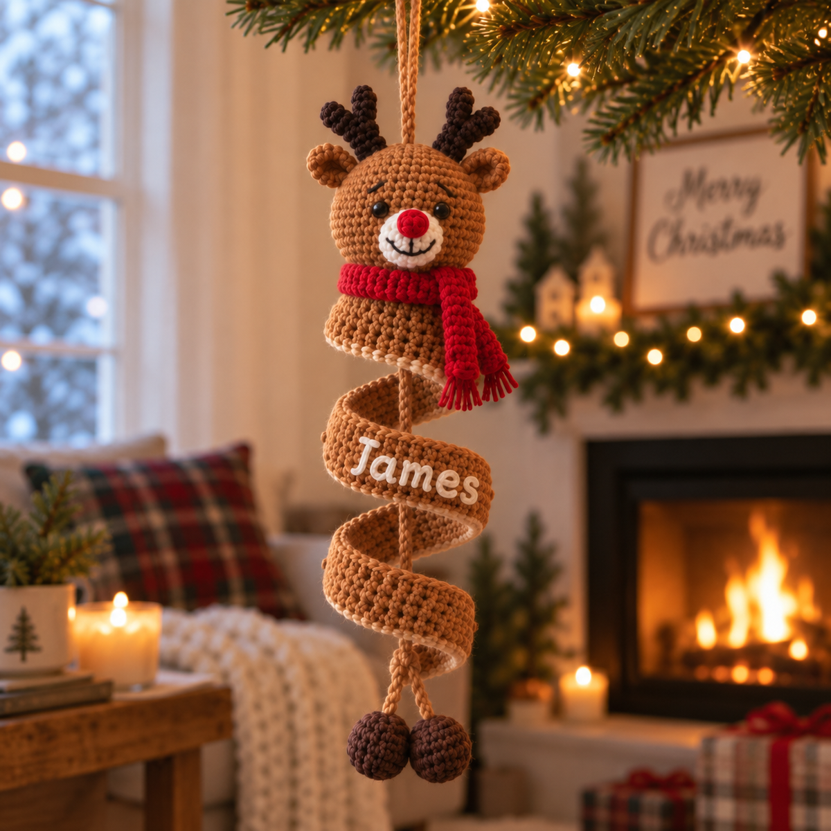 Personalized Reindeer crochet spiral ornament with the custom name James