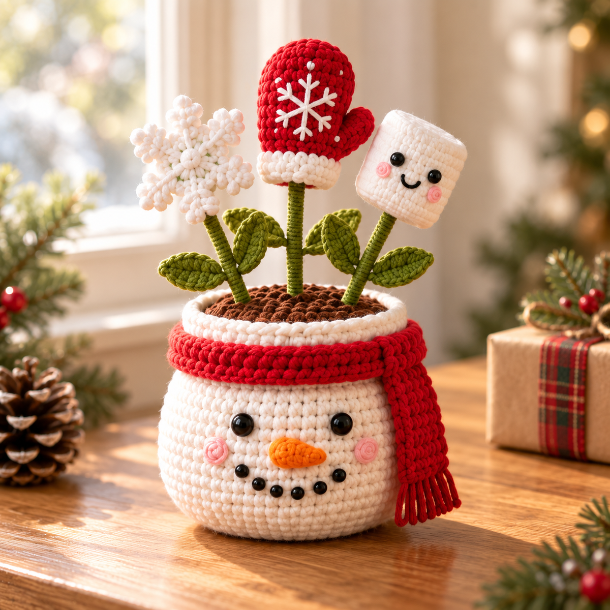Style 1 crochet snowman plant decor with winter-themed stems