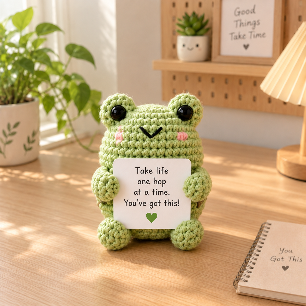 Frog amigurumi emotional support character with personalized encouragement message