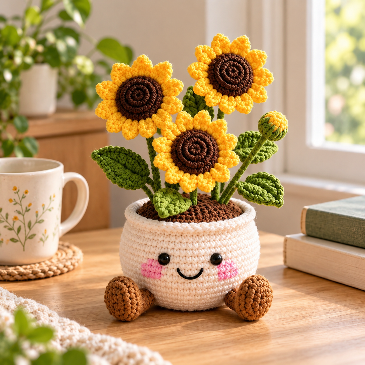 Sunflower style crochet plant decor in a small smiling pot