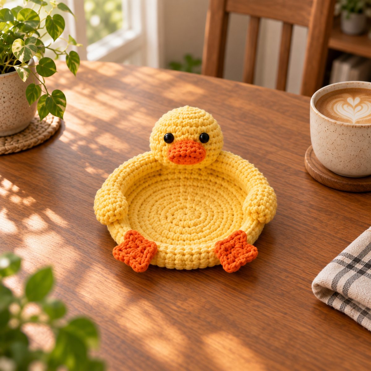Duck crochet animal coaster in yellow with orange beak and feet