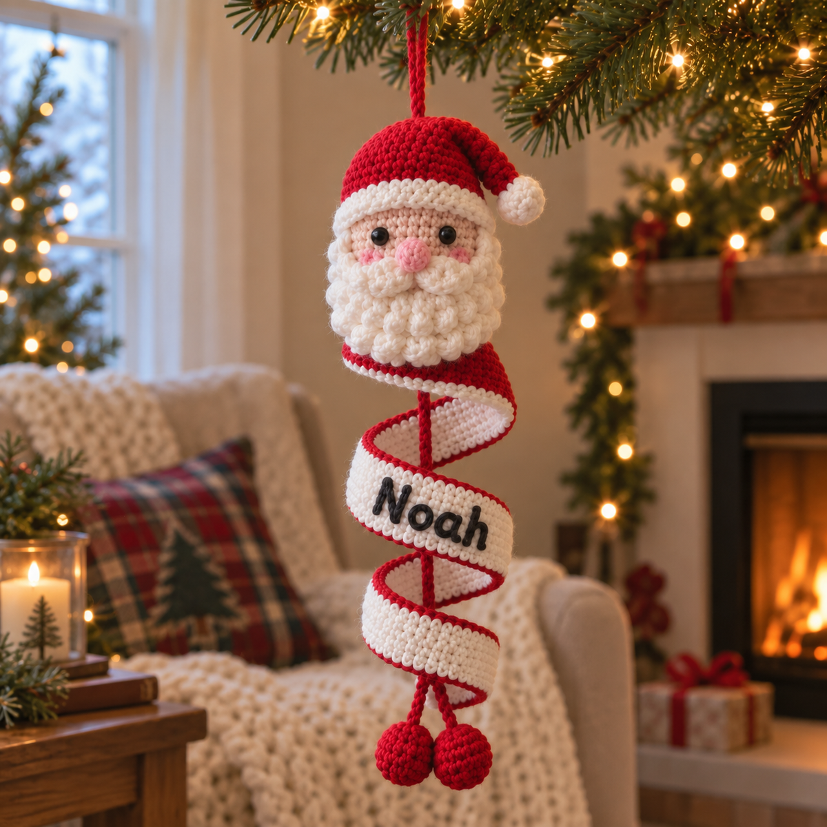 Personalized Santa Claus crochet spiral ornament with the custom name Noah