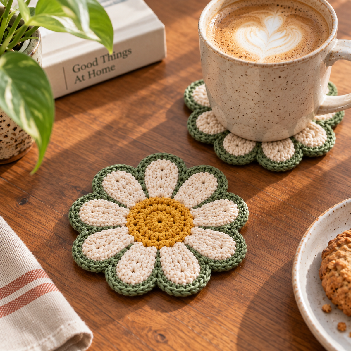 Mod Daisy crochet coaster in cream and green flower shape with a mug placed on a matching coaster