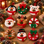 Nine crochet Christmas hanging ornaments arranged together in assorted festive character designs