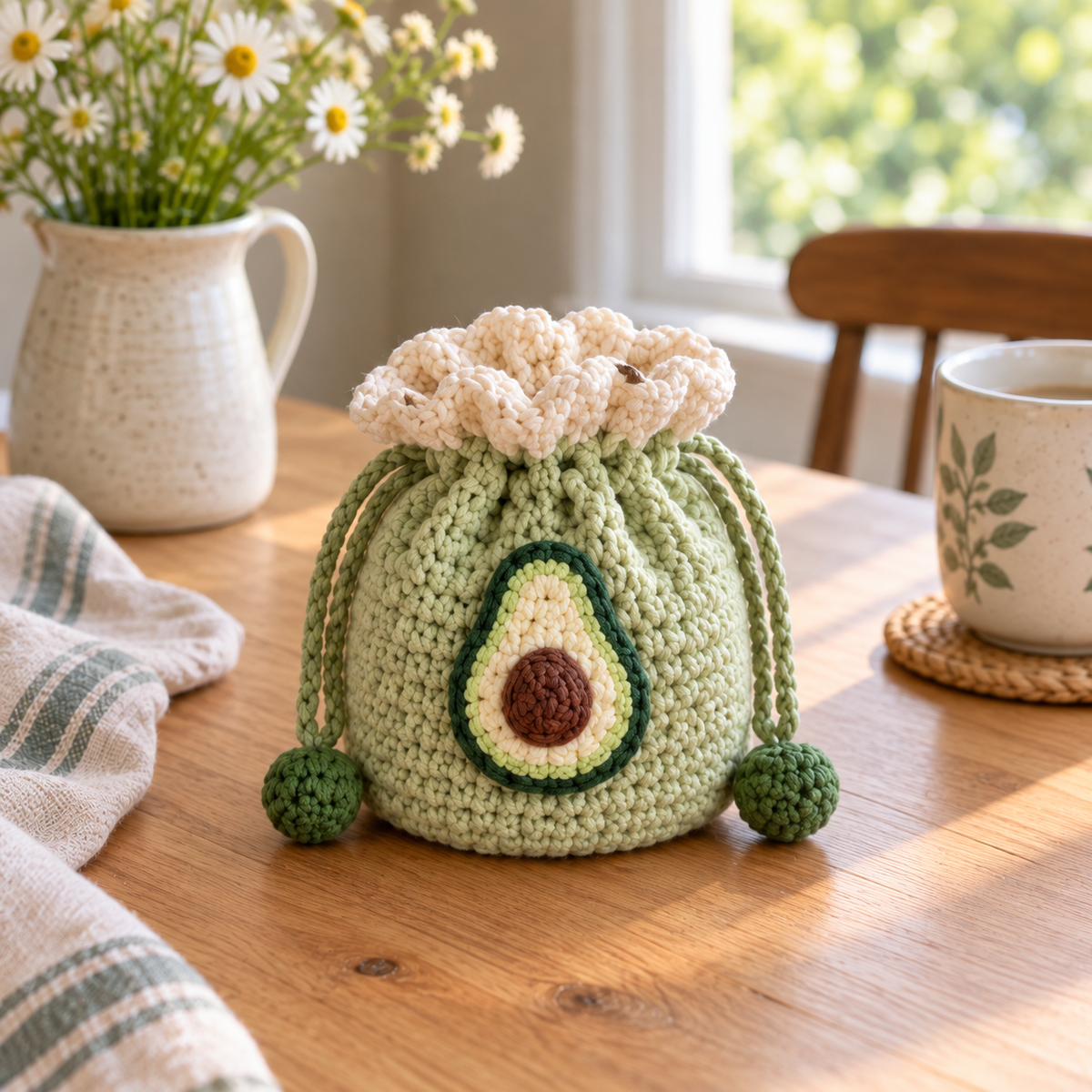 Avocado crochet drawstring pouch in green with handmade avocado detail