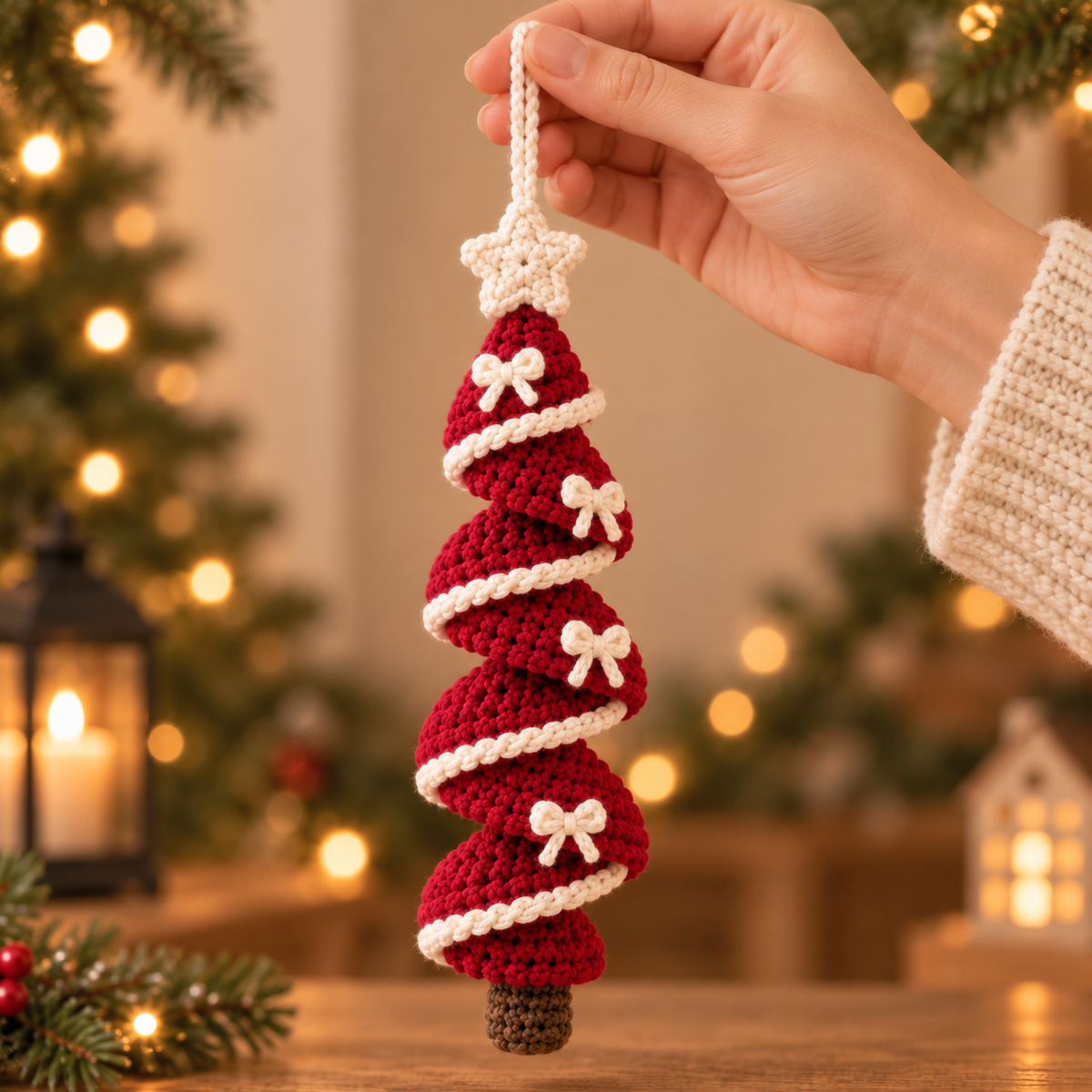 Cranberry Red crochet Christmas tree spiral ornament held by hand for size reference